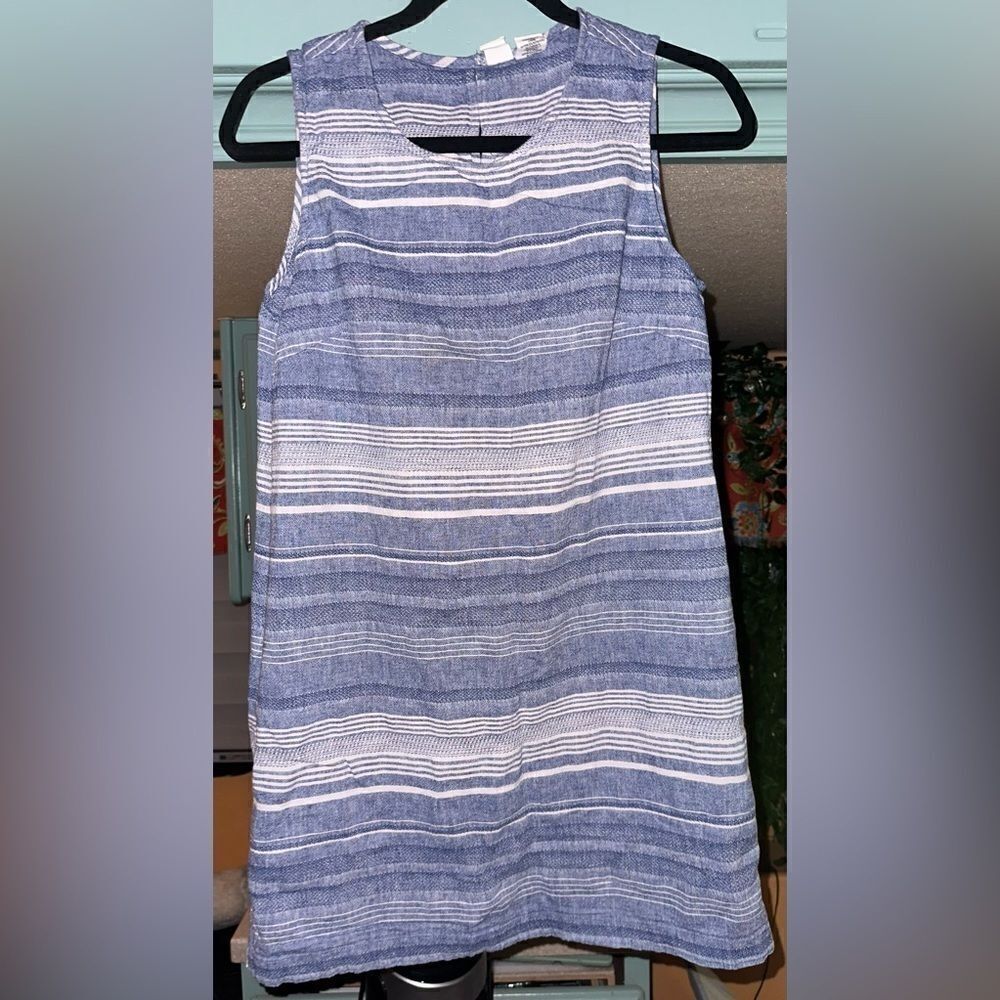 ARTISAN Ny Blue and White Striped Shift Dress Cotton Linen Blend